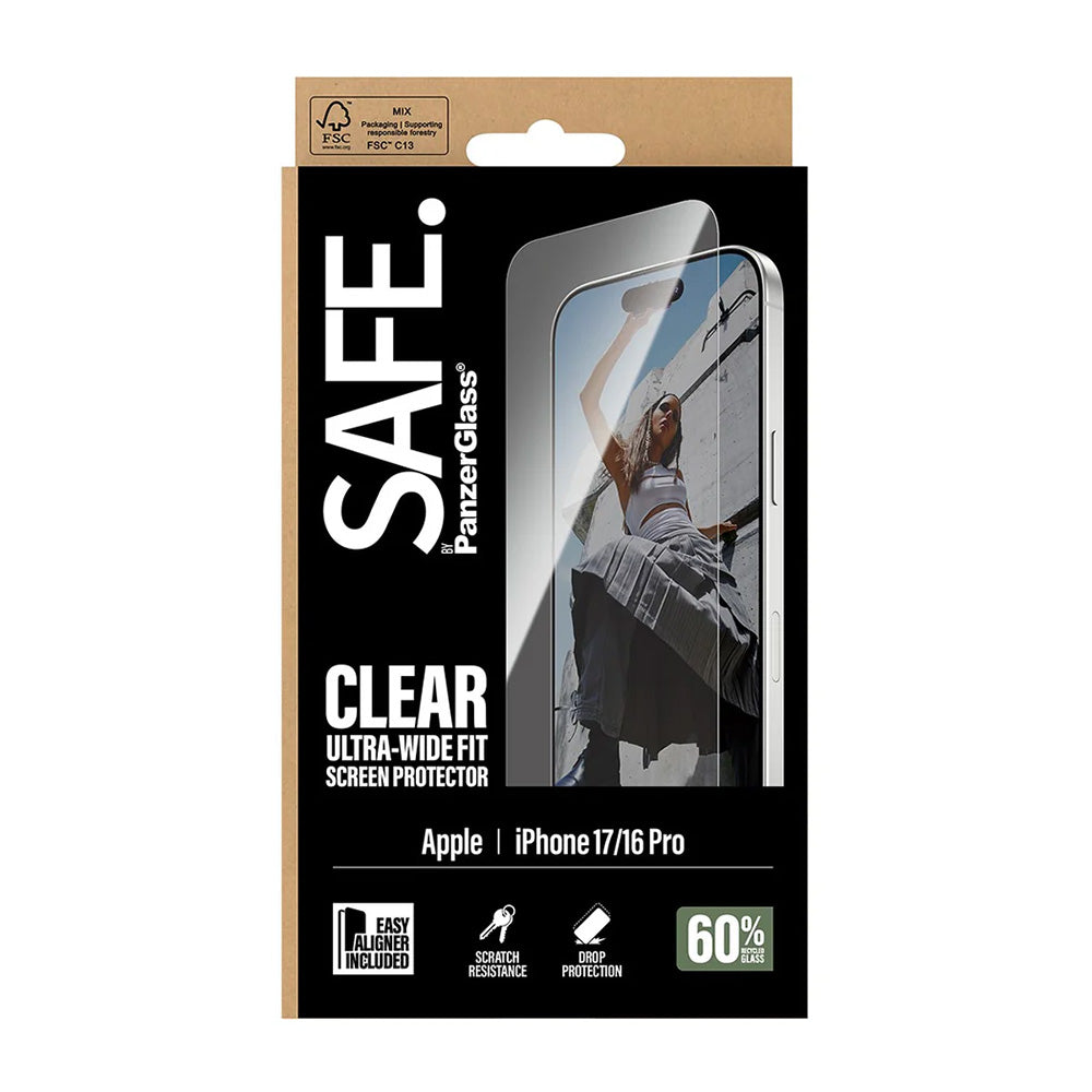 Skärmskydd PanzerGlass Safe. Ultra-Wide Fit EasyAligner för Apple iPhone 17 / 16 Pro, Härdat Glas, Full Glue