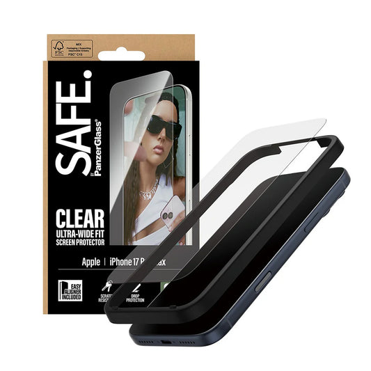 Skärmskydd PanzerGlass Safe. Ultra-Wide Fit EasyAligner för Apple iPhone 17 Pro Max, Härdat Glas, Full Glue