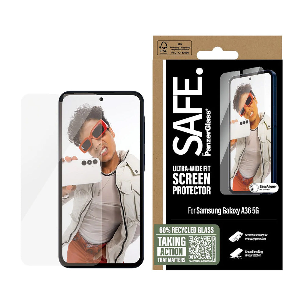 Skyddsfilm PanzerGlass Safe. Ultra-Wide Fit EasyAligner för Samsung Galaxy A36 A366, Härdat Glas, Full Glue