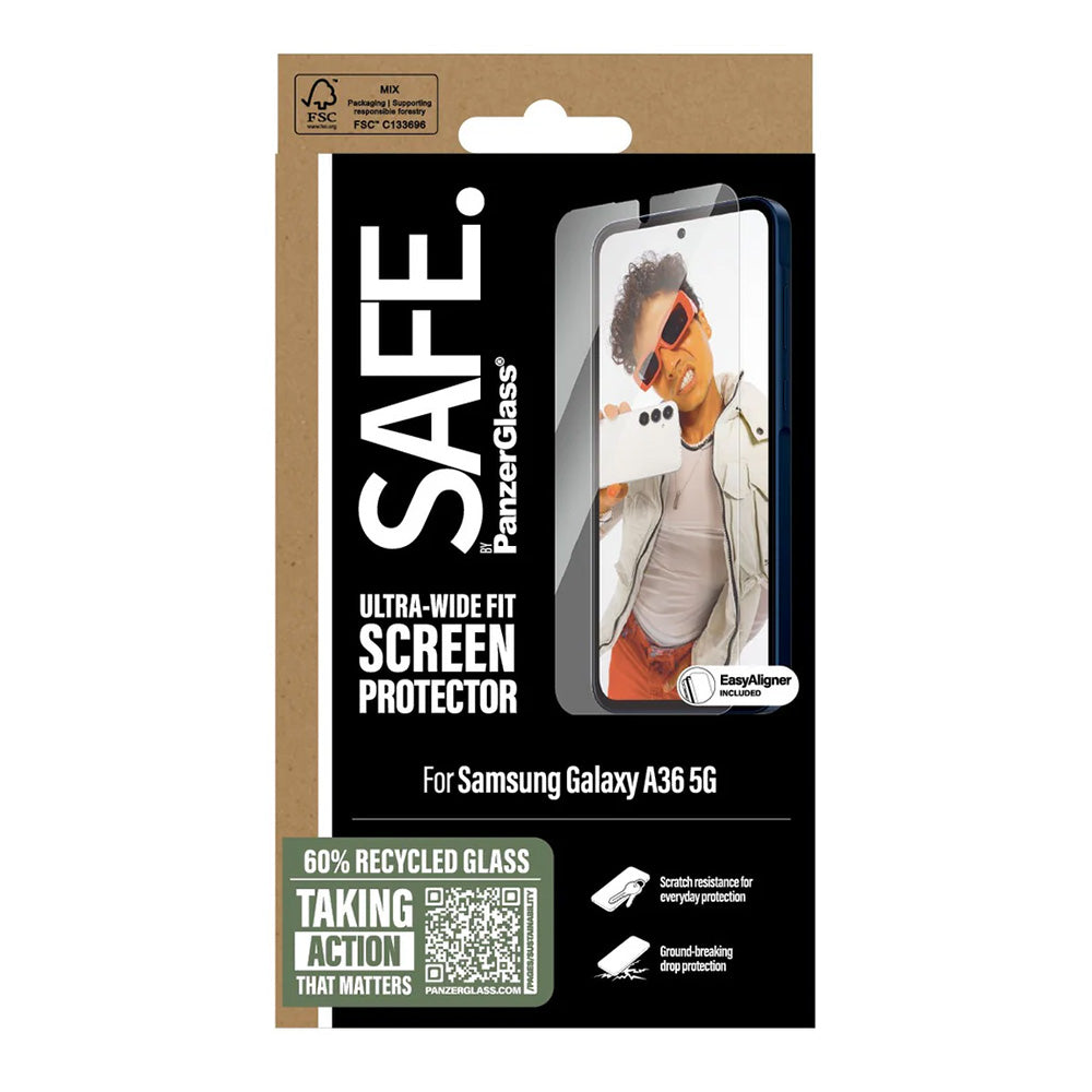 Skyddsfilm PanzerGlass Safe. Ultra-Wide Fit EasyAligner för Samsung Galaxy A36 A366, Härdat Glas, Full Glue
