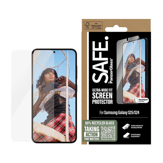 Skyddsfilm PanzerGlass Safe för skärm. Ultra-Wide Fit EasyAligner för Samsung Galaxy S25 S931 / S24 S921, Härdat Glas, Full Glue
