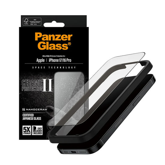 Skyddsfilm för skärm PanzerGlass Ultra-Wide Ceramic II EasyAligner för Apple iPhone 17 / 16 Pro, Härdat Glas, Full Lim, Svart