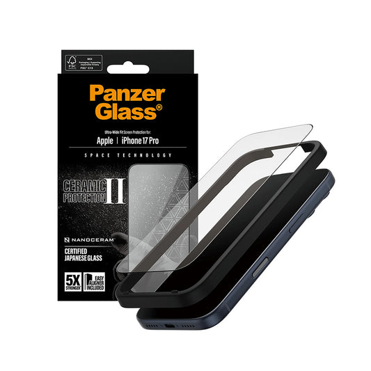 Skyddsfilm PanzerGlass Ultra-Wide Ceramic II EasyAligner för Apple iPhone 17 Pro, Härdat Glas, Full Glue, Svart