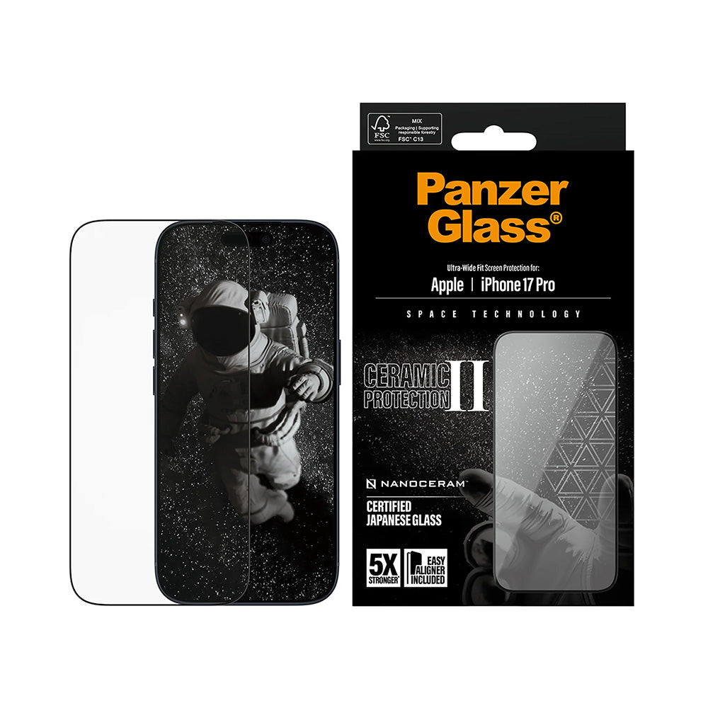 Skyddsfilm PanzerGlass Ultra-Wide Ceramic II EasyAligner för Apple iPhone 17 Pro, Härdat Glas, Full Glue, Svart