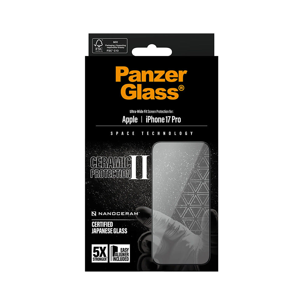 Skyddsfilm PanzerGlass Ultra-Wide Ceramic II EasyAligner för Apple iPhone 17 Pro, Härdat Glas, Full Glue, Svart