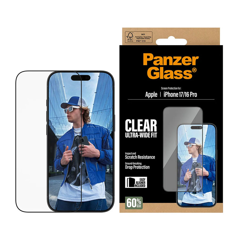 Skyddsfilm PanzerGlass Ultra-Wide Fit EasyAligner för Apple iPhone 17 / 16 Pro, Härdat Glas, Full Lim, Svart