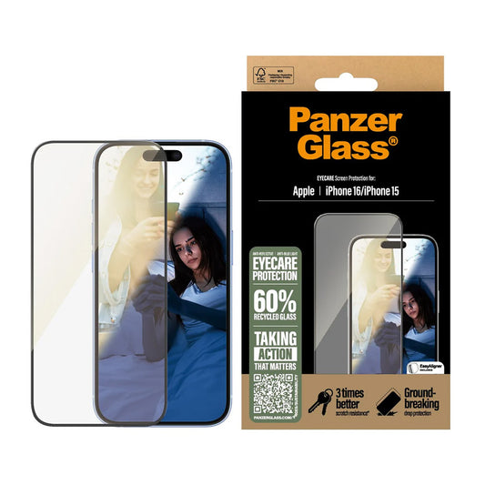 Skyddsfilm PanzerGlass Ultra-Wide Fit EyeCare för Apple iPhone 16 / 15, Härdat Glas, Full Lim, Svart