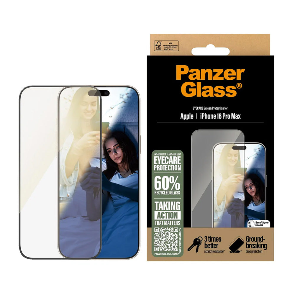 Skyddsfilm för skärm PanzerGlass Ultra-Wide Fit EyeCare för Apple iPhone 16 Pro Max, Härdat Glas, Full Lim, Svart