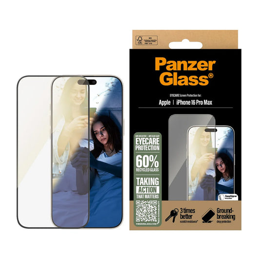 Skyddsfilm för skärm PanzerGlass Ultra-Wide Fit EyeCare för Apple iPhone 16 Pro Max, Härdat Glas, Full Lim, Svart