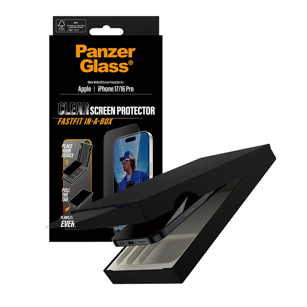 Skyddsfilm för skärm PanzerGlass Ultra-Wide Fit Fastfit för Apple iPhone 17 / 16 Pro, Härdat Glas, Full Lim, Svart