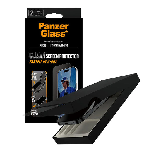 Skyddsfilm för skärm PanzerGlass Ultra-Wide Fit Fastfit för Apple iPhone 17 / 16 Pro, Härdat Glas, Full Lim, Svart