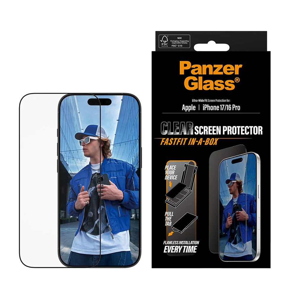 Skyddsfilm för skärm PanzerGlass Ultra-Wide Fit Fastfit för Apple iPhone 17 / 16 Pro, Härdat Glas, Full Lim, Svart