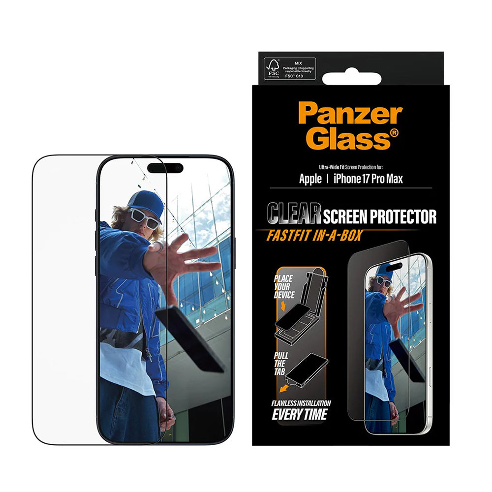 Skyddsfilm för skärm PanzerGlass Ultra-Wide Fit Fastfit för Apple iPhone 17 Pro Max, Härdat Glas, Full Lim, Svart