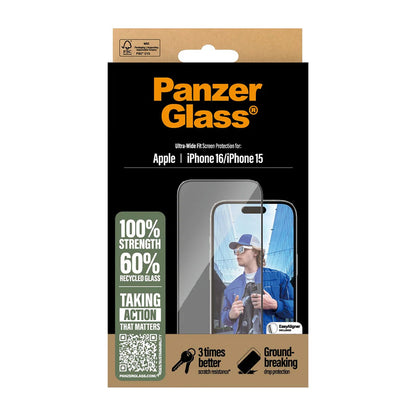 PanzerGlass Ultra-Wide Fit Screen Protector for Apple iPhone 16 / 15, Tempered Glass, Full Glue, Black