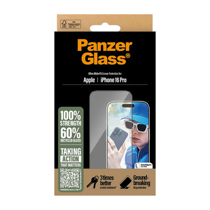 PanzerGlass Ultra-Wide Fit Screen Protector for Apple iPhone 16 Pro, Tempered Glass, Full Glue, Black
