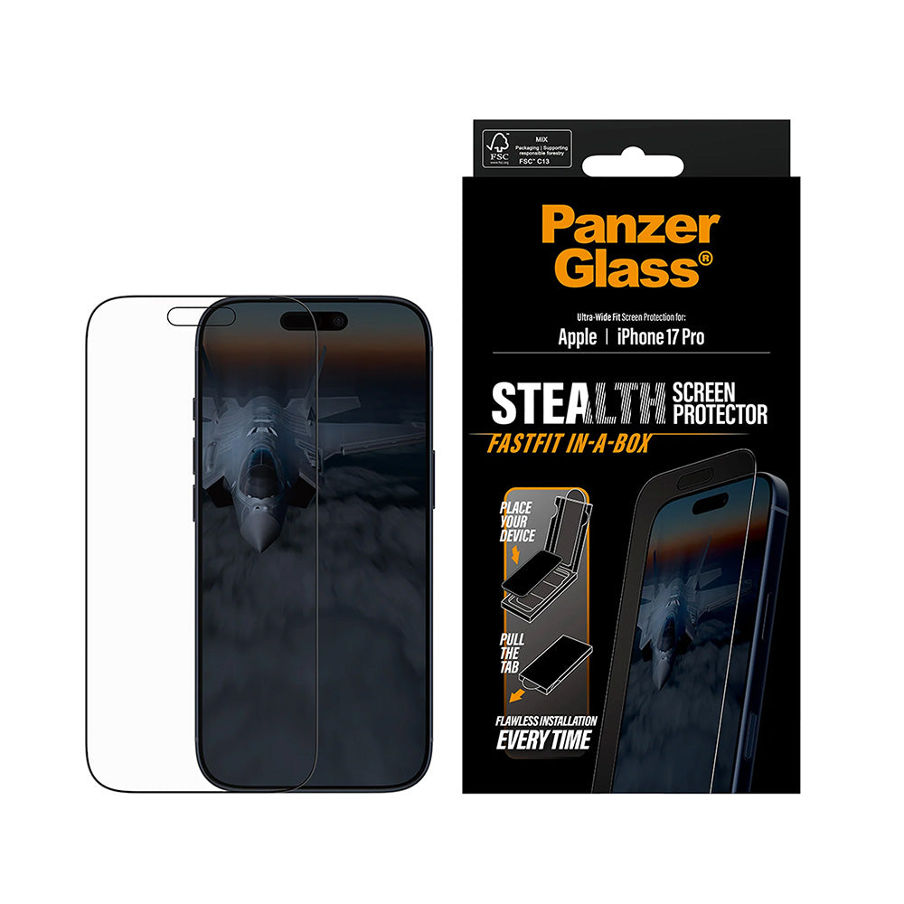 Skyddsfilm för skärm PanzerGlass Ultra-Wide Fit Stealth Fastfit för Apple iPhone 17 Pro, Härdat Glas, Full Lim, Svart