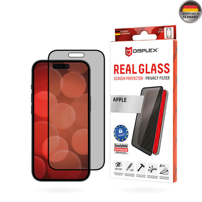 Privacy-skärmskydd Displex Real Glass för Apple iPhone 16 Plus, Härdat glas, Fullt lim