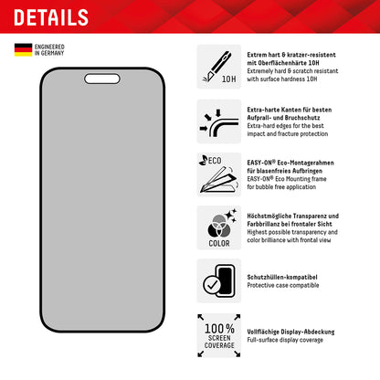 Privacy-skärmskydd Displex Real Glass för Apple iPhone 16 Plus, Härdat glas, Fullt lim