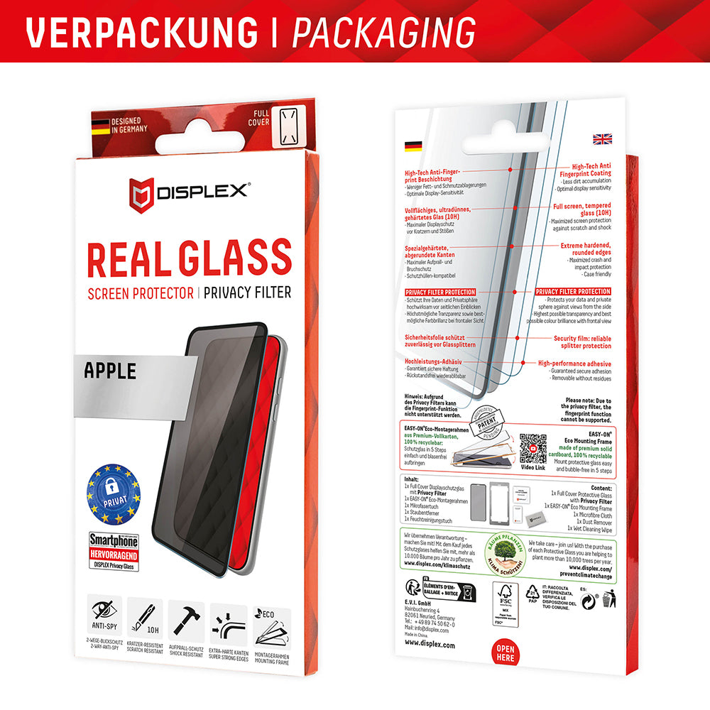 Privacy-skärmskydd Displex Real Glass för Apple iPhone 16 Plus, Härdat glas, Fullt lim