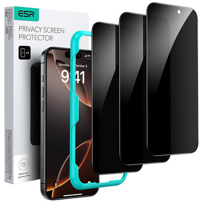 Skärmskydd Privacy ESR för Apple iPhone 17 / 16 Pro, Härdat Glas, Full Lim, Set om 3 stycken
