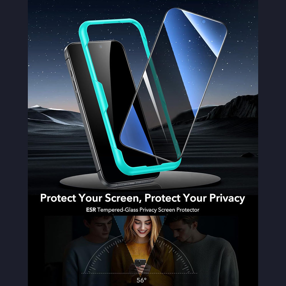 Skärmskydd Privacy ESR för Apple iPhone 17 / 16 Pro, Härdat Glas, Full Lim, Set om 3 stycken