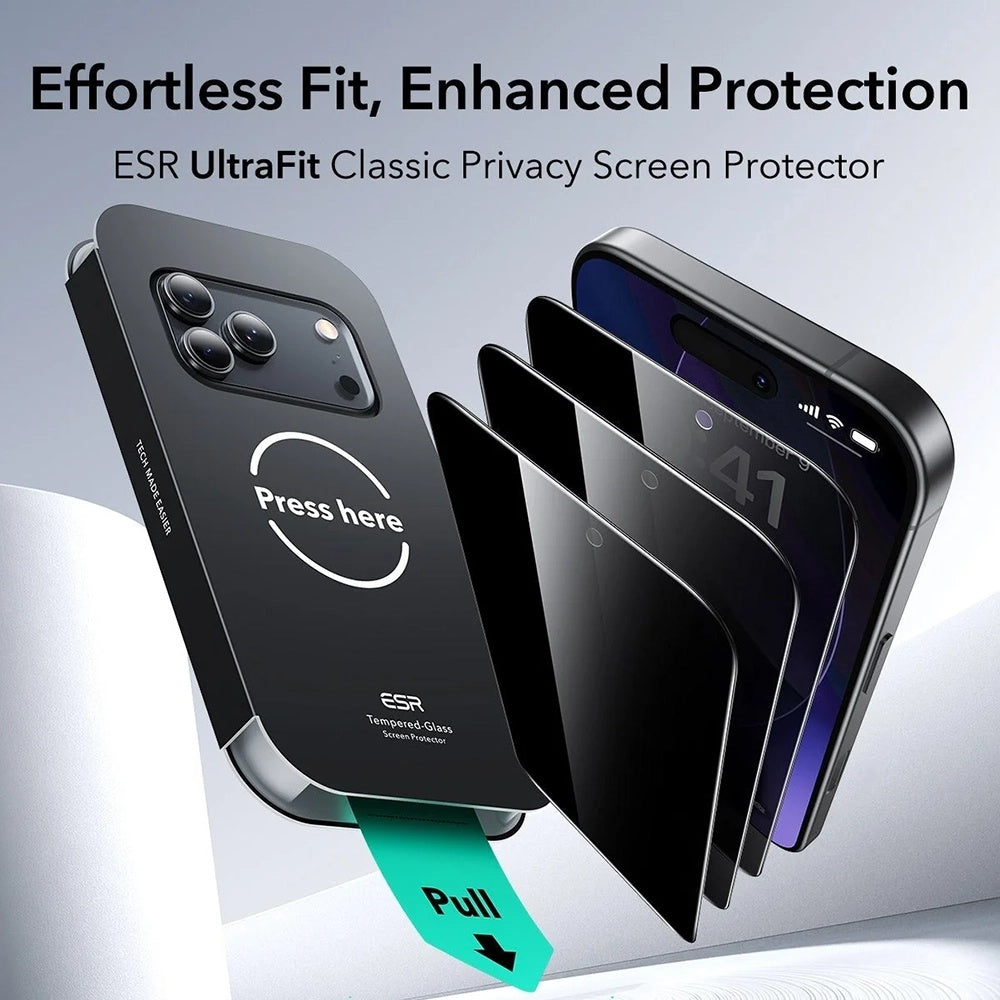 Integritetsskärmskydd ESR UltraFit Classic för Apple iPhone 18 Pro Max, Härdat glas, Full lim, Set med 3 stycken