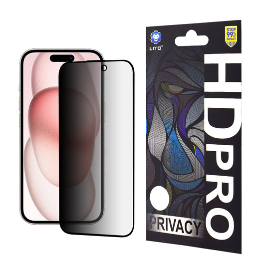 Integritetsskärmskydd Lito HD Pro för Apple iPhone 15, Härdat glas, Fullt lim