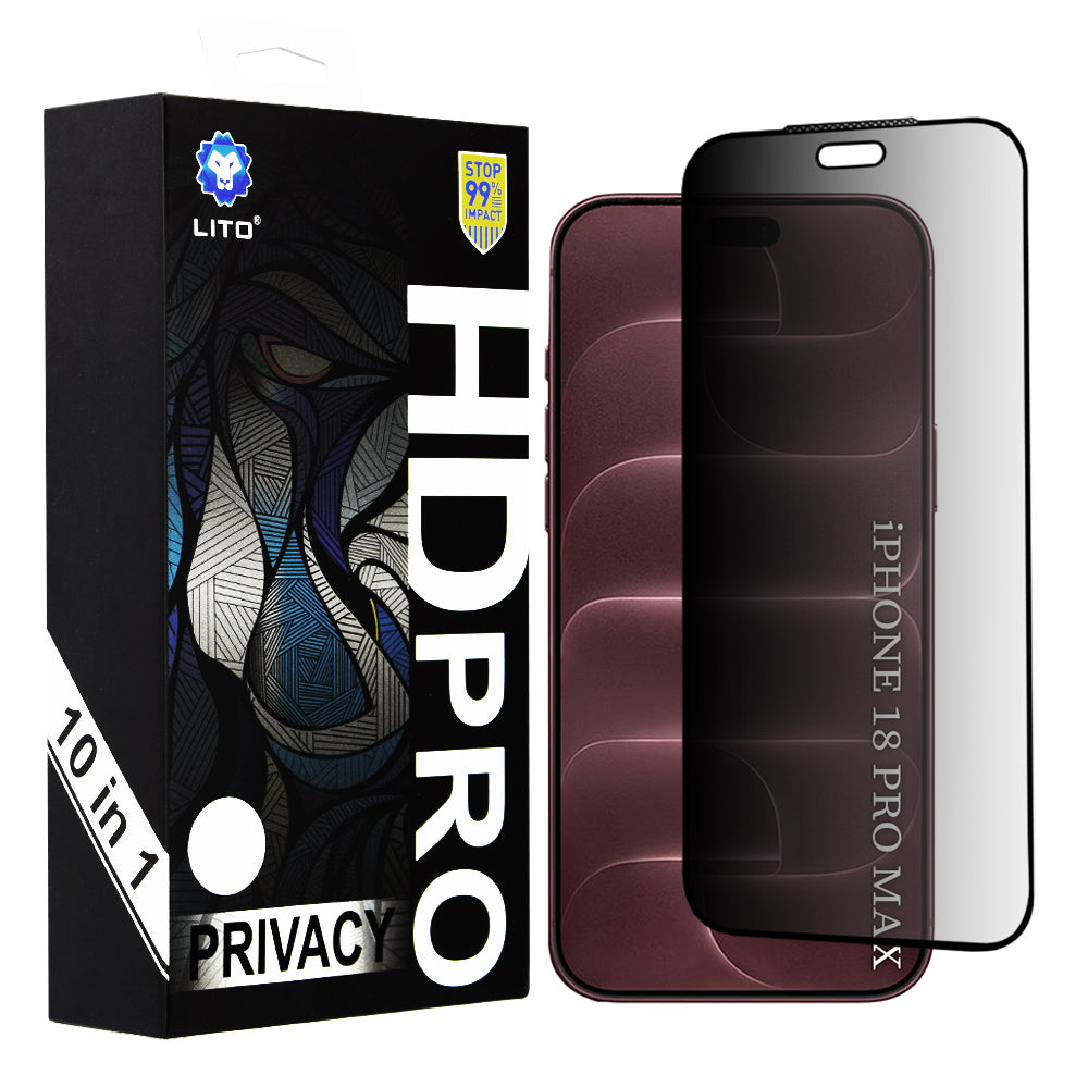 Lito HD Pro Privacy-skärmskydd för Apple iPhone 18 Pro Max, härdat glas, heltäckande lim, 10-pack