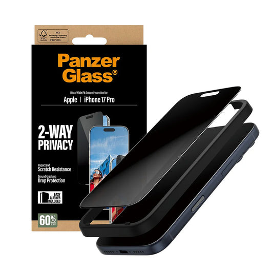 Skyddsfilm för skärm Privacy PanzerGlass Ultra-Wide Fit 2-Way EasyAligner för Apple iPhone 17 Pro, Härdat Glas, Full Lim