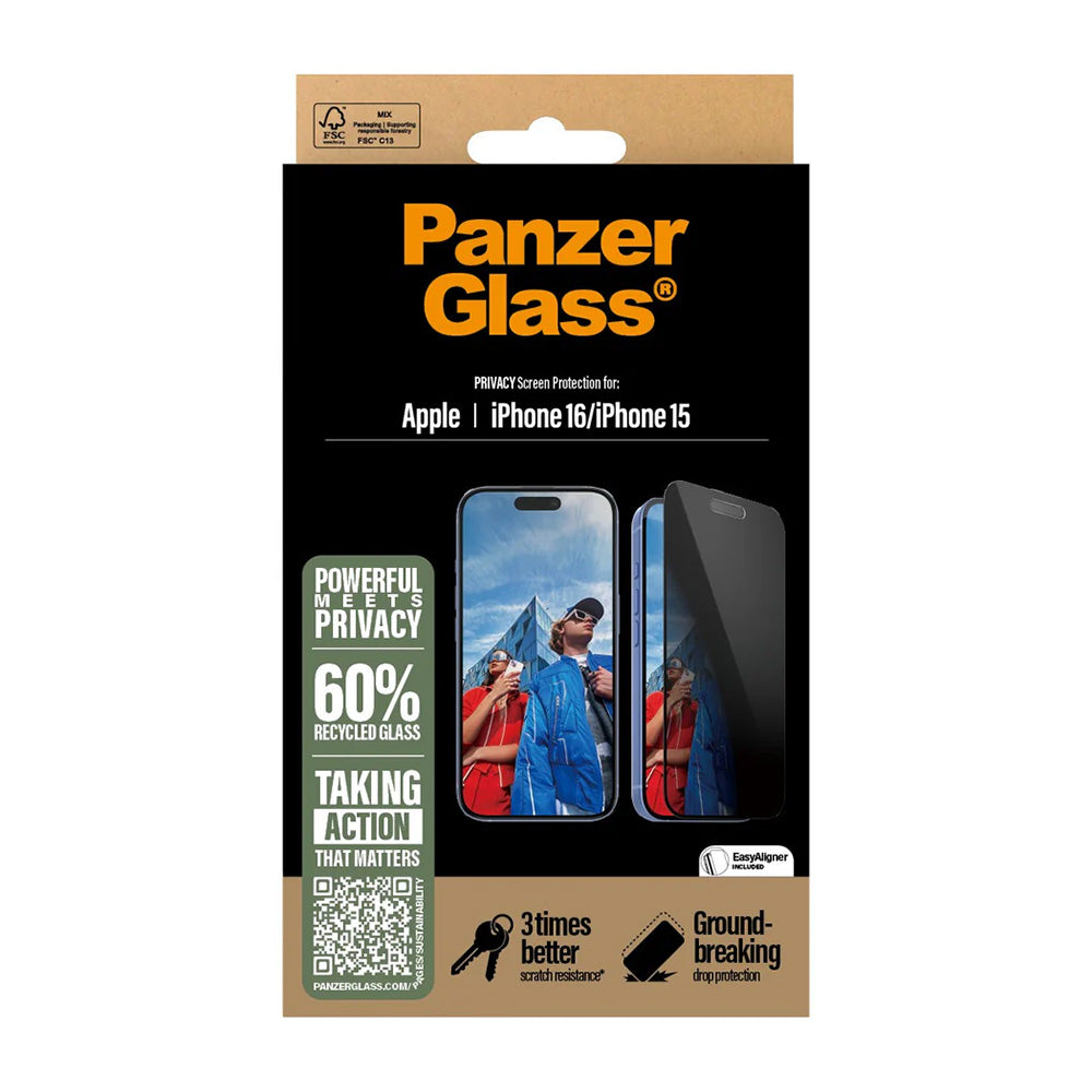 Skyddsfilm för skärm Privacy PanzerGlass Ultra-Wide Fit EasyAligner för Apple iPhone 16 / 15, Härdat glas, Full limning