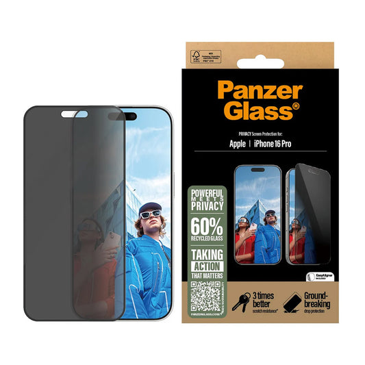 Skyddsfilm för skärm Privacy PanzerGlass Ultra-Wide Fit EasyAligner för Apple iPhone 16 Pro, Härdat Glas, Full Limning