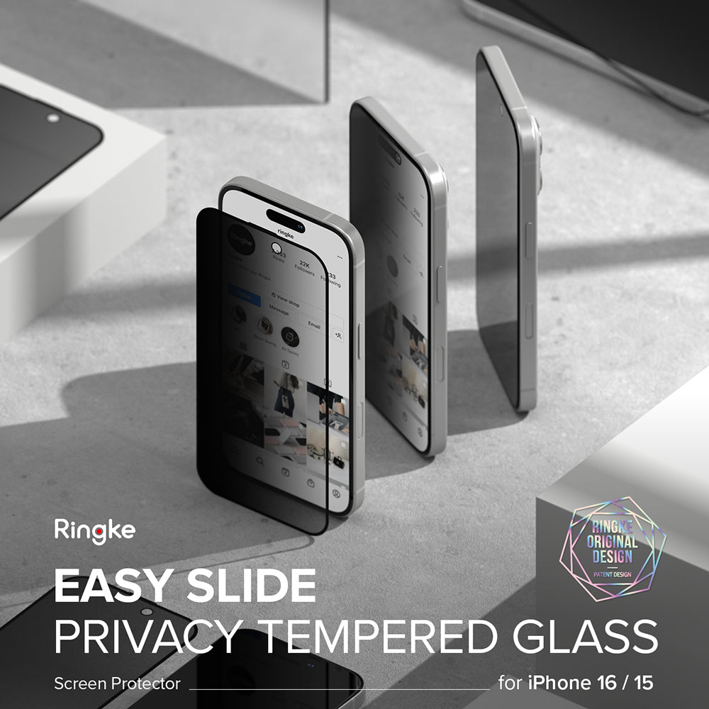 Skärmskydd Privacy Ringke Easy Slide för Apple iPhone 16 Plus / 15 Plus, Härdat Glas, Full Lim, Set med 2 stycken