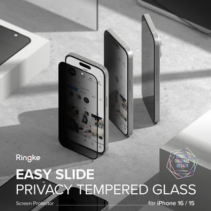 Skärmskydd Privacy Ringke Easy Slide för Apple iPhone 16 Plus / 15 Plus, Härdat Glas, Full Lim, Set med 2 stycken