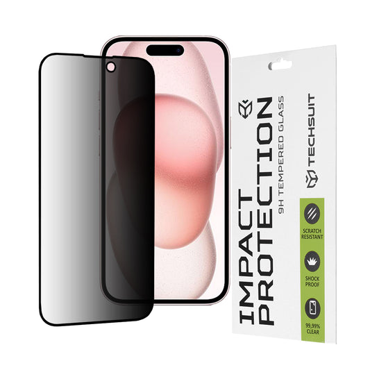 Privacy Techsuit skärmskydd för Apple iPhone 16 / 15, härdat glas, full limning, 111D