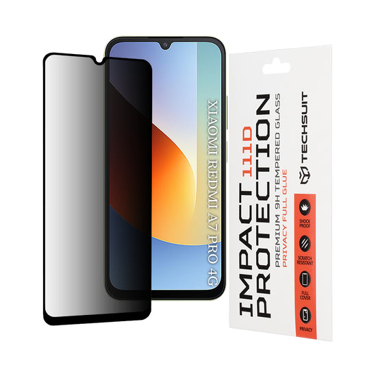Privacy Techsuit skärmskydd för Xiaomi Redmi A7 Pro 4G, härdat glas, full lim, 111D