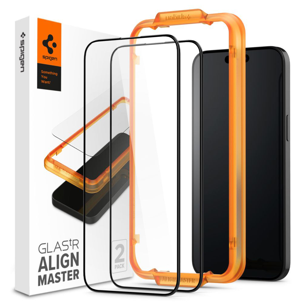 Skärmskydd Spigen GlastR Align Master för Apple iPhone 15 Plus, Härdat Glas, Full Lim, Set om 2 stycken, Svart AGL06886