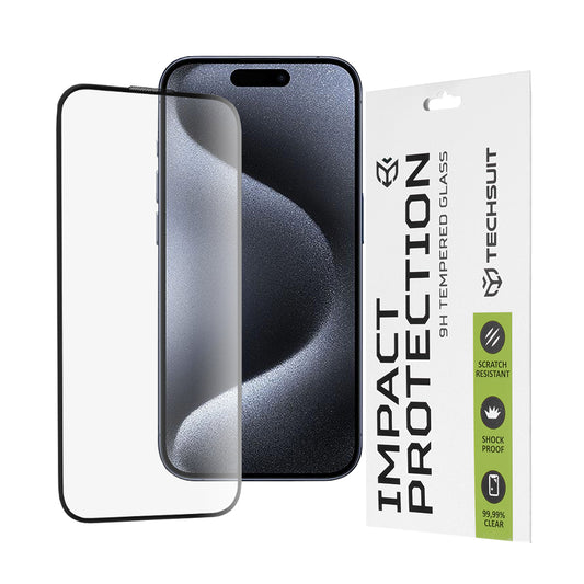 Techsuit skärmskydd för Apple iPhone 16 / 15 Pro, härdat glas, full limning, 111D, svart