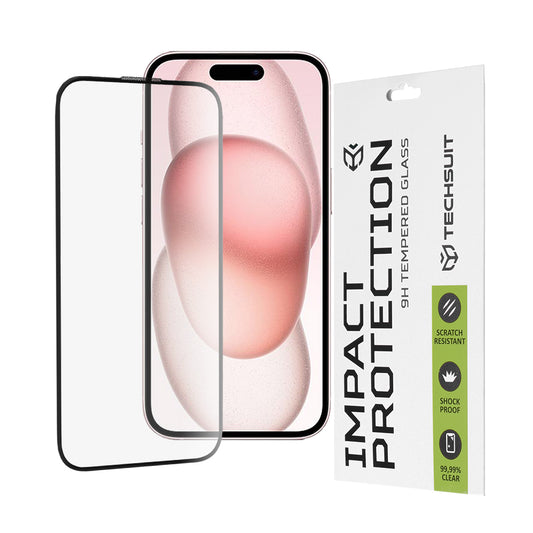 Techsuit skärmskydd för Apple iPhone 16 / 15, härdat glas, full limning, 111D, svart