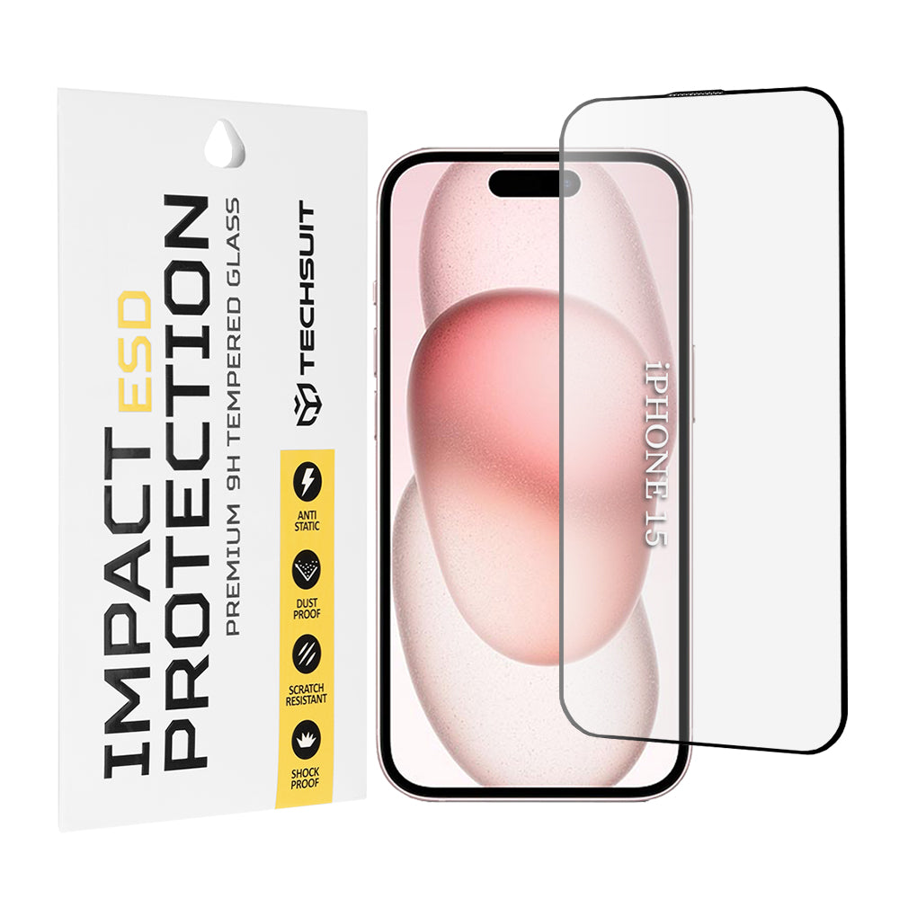 Techsuit skärmskydd för Apple iPhone 16 / 15, härdat glas, full lim, svart