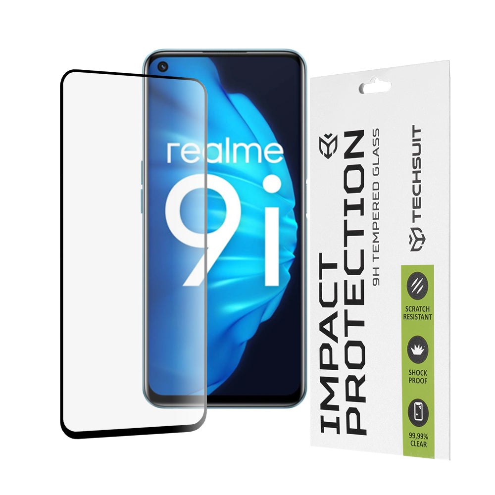 Techsuit skärmskydd för OnePlus Nord CE 2 Lite 5G / Realme Narzo 50 / 9 5G / 9i / 9 Pro, härdat glas, full limning, 111D, svart
