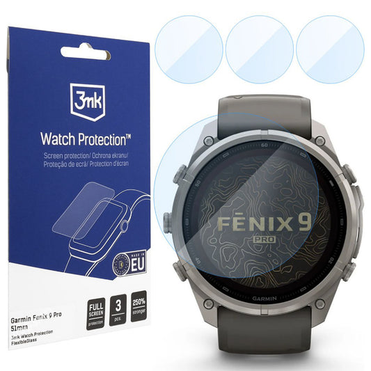 3MK FlexibleGlass Skyddsfolie för Garmin Fenix 9 Pro 51mm, Set om 3 stycken, Flexibelt Glas