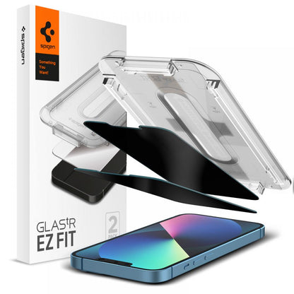 Privacy-skärmskydd Spigen GlastR EZ FIT för Apple iPhone 17e / 16e / 14 / 13 Pro, Härdat glas, Full lim, Set med 2 stycken AGL03388