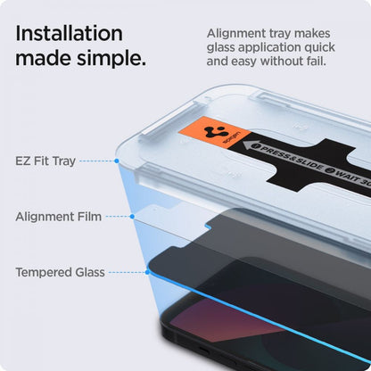 Privacy-skärmskydd Spigen GlastR EZ FIT för Apple iPhone 17e / 16e / 14 / 13 Pro, Härdat glas, Full lim, Set med 2 stycken AGL03388