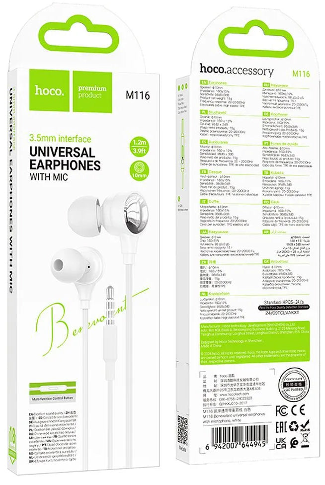 Handsfree 3.5mm HOCO M116, Vit