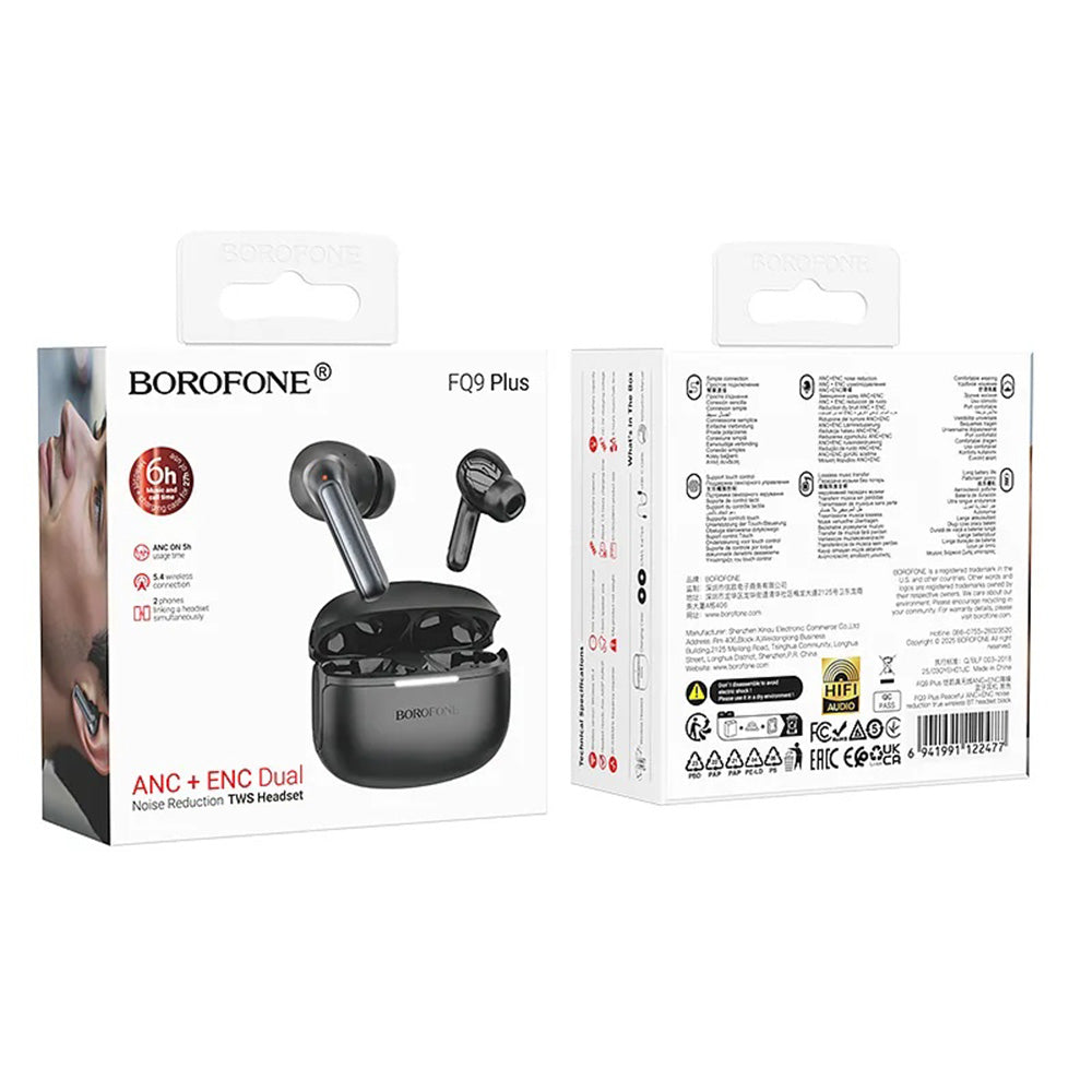 Handsfree Bluetooth Borofone FQ9 Plus Peaceful, TWS, ANC, Svart