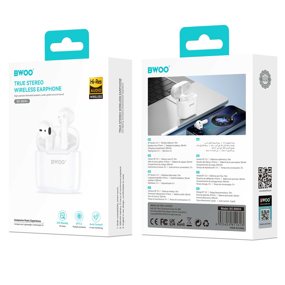 Bluetooth-handsfree BWOO BW94, TWS, Vit