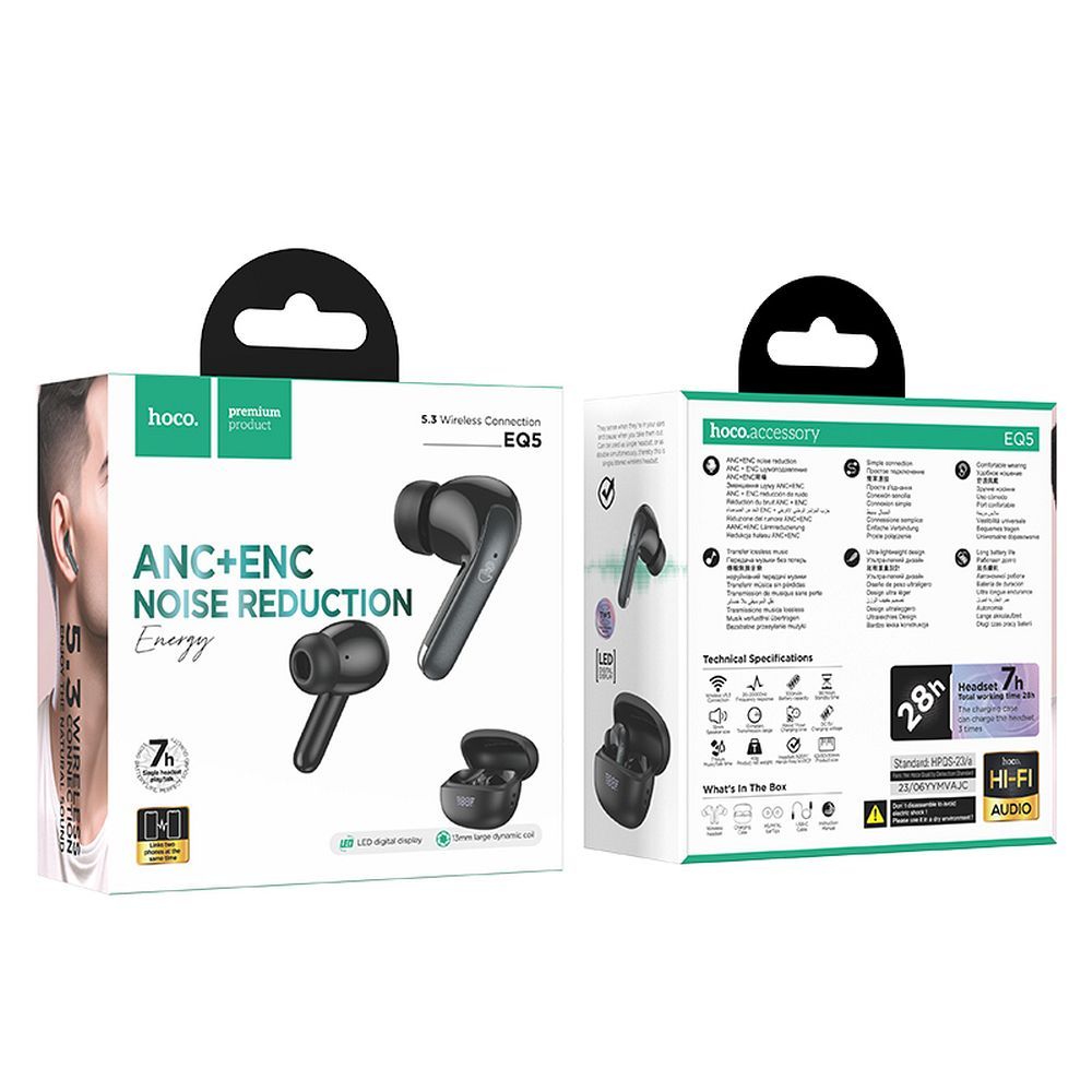 Bluetooth Handsfree Bluetooth HOCO EQ5, TWS, ANC, Svart 