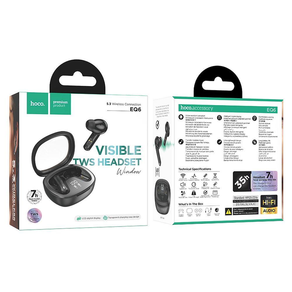 Handsfree Bluetooth Bluetooth HOCO Shadow EQ6, TWS, Svart 