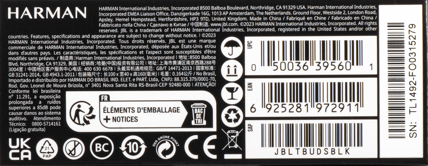 Handsfree Bluetooth JBL Tune Buds, TWS, ANC, Multipoint, Svart JBLTBUDSBLK