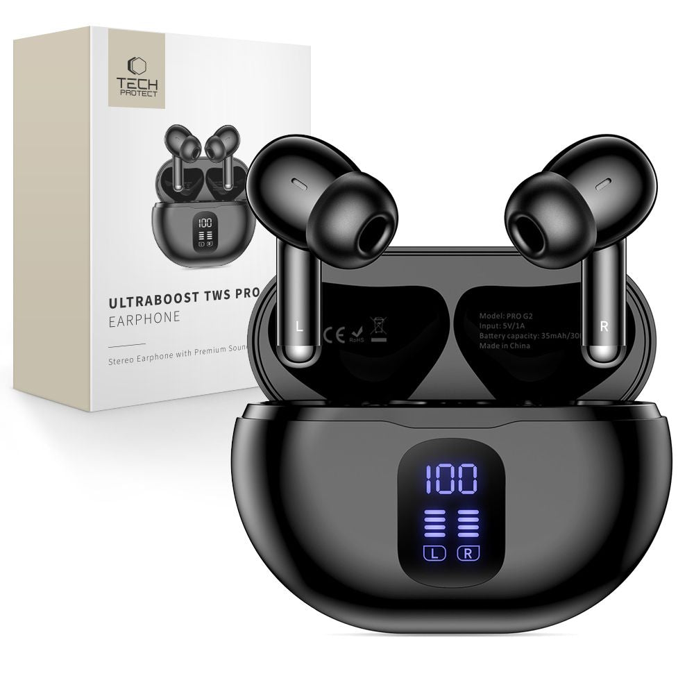 Handsfree Bluetooth Tech-Protect Ultraboost Pro G2, TWS, Svart
